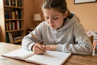 Adolescente concentrée faisant une dictée française dans son cahier, assise à un bureau en bois dans une chambre studieuse