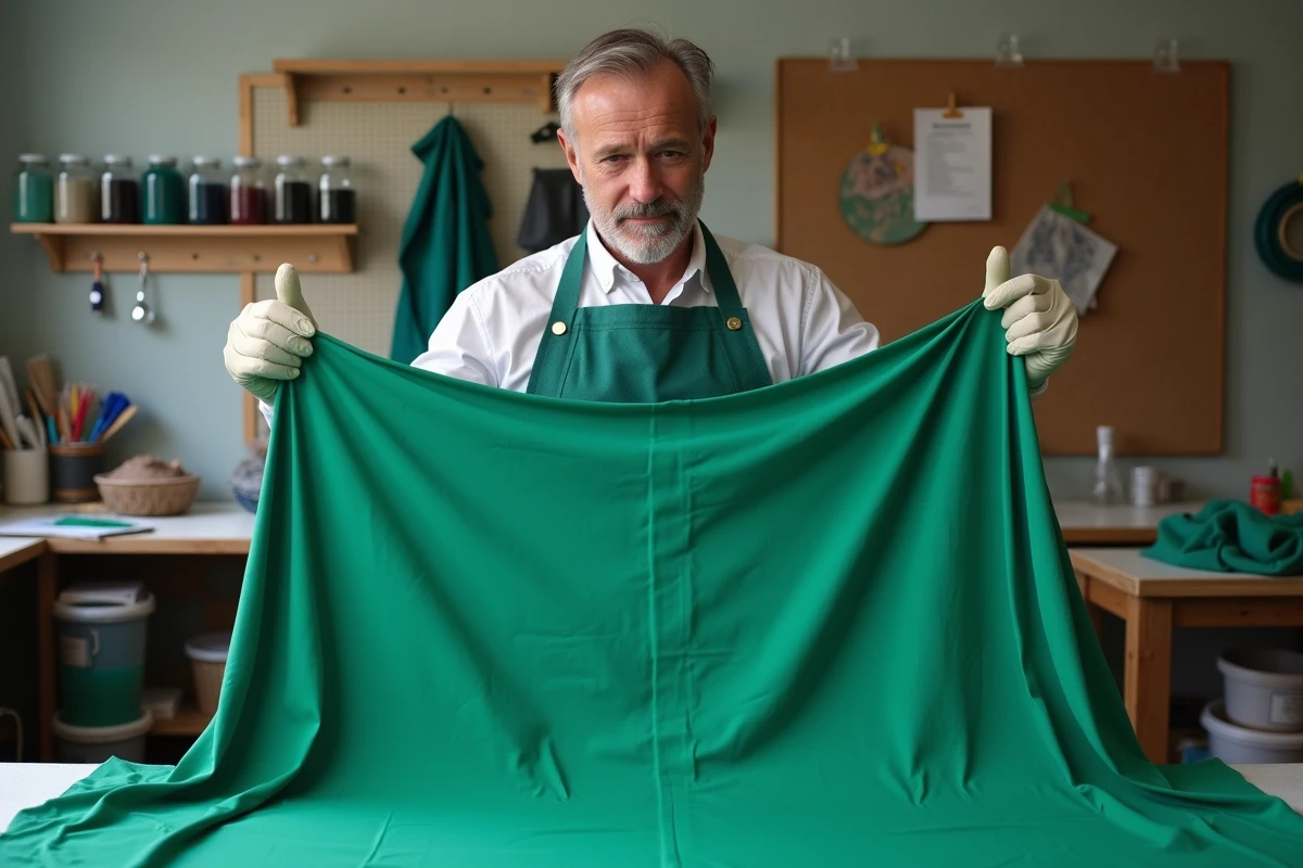 Artisan inspectant une pièce de costume polyester teinte en vert émeraude dans un atelier de teinture textile organisé