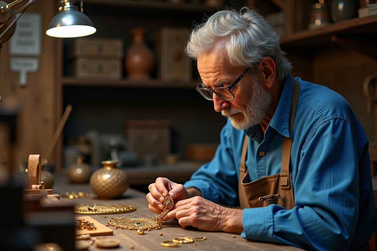 Artisan âgé polissant un pendentif dans son atelier