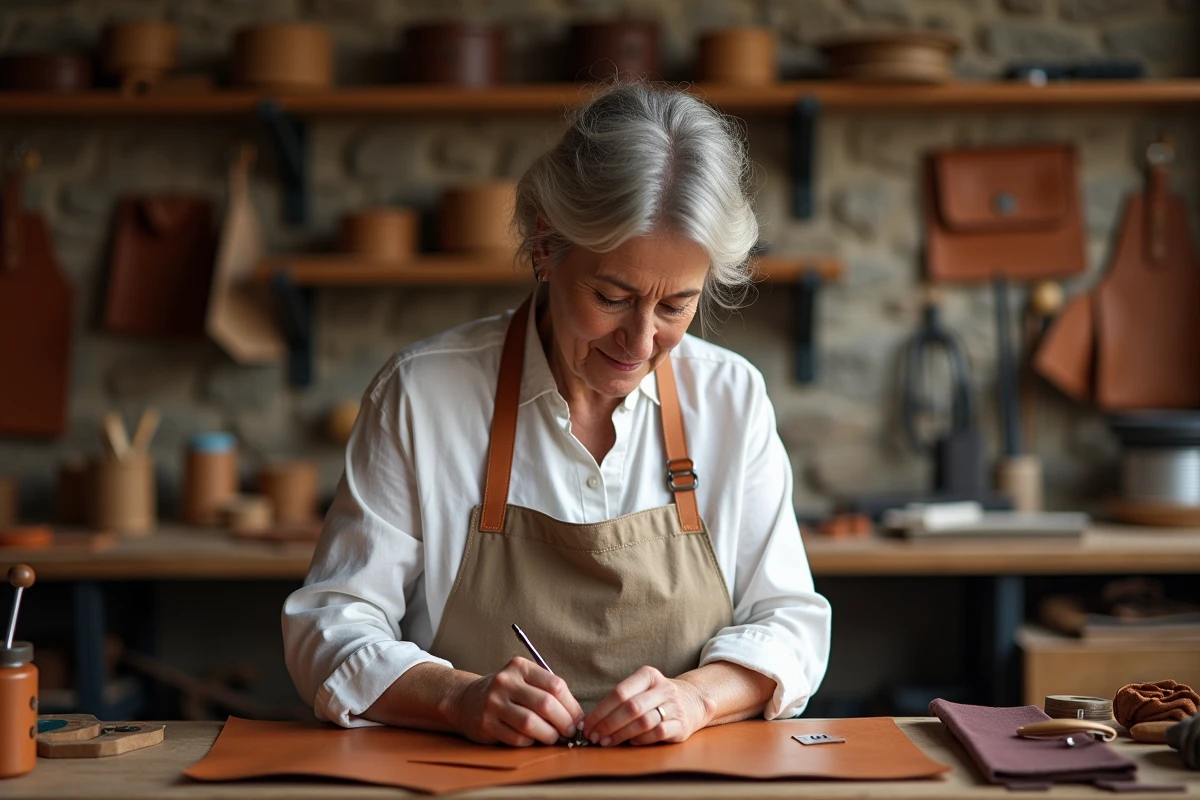 Artisane experte cousant un article en cuir de luxe dans un atelier traditionnel français, représentant le savoir-faire artisanal au cœur des maisons LVMH et Kering