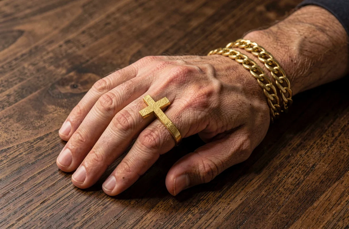 Main masculine portant une bague croix en or et un bracelet chaîne byzantine dorée sur table en chêne sombre