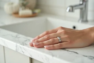 Main de femme avec une bague serrée laissant une marque sur un doigt légèrement gonflé, posée sur du marbre blanc