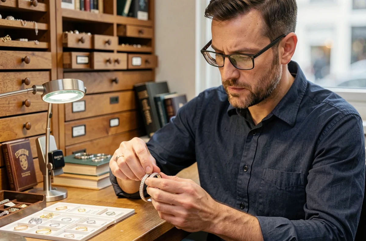 Bijoutier comparant deux bracelets pour identifier la présence ou l'absence de poinçon sur métal précieux