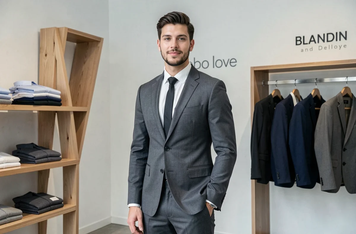 Un homme en costume moderne Blandin & Delloye dans une boutique minimaliste contemporaine