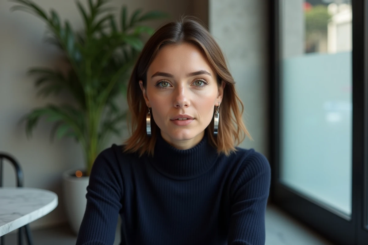 Femme au visage rond portant des créoles géométriques en argent brossé SRD Bijoux, portrait dans un café urbain minimaliste