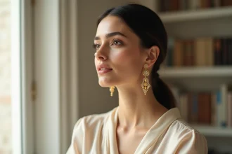 Femme portant des boucles d'oreilles pendantes dorées SRD Bijoux mettant en valeur un visage ovale, portrait trois-quarts en intérieur parisien