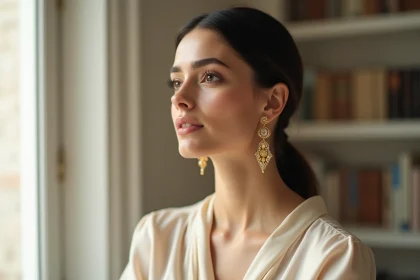 Femme portant des boucles d'oreilles pendantes dorées SRD Bijoux mettant en valeur un visage ovale, portrait trois-quarts en intérieur parisien