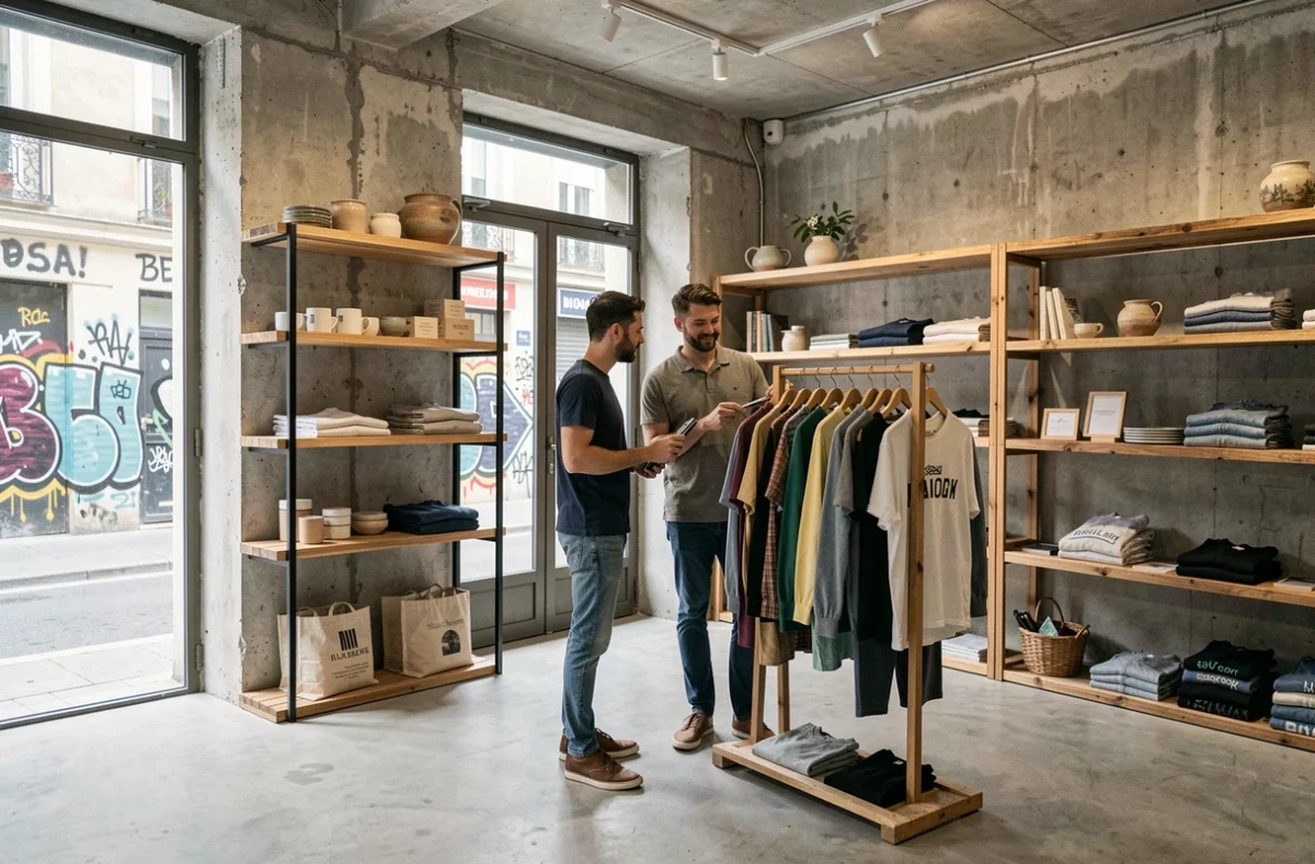 Couple explorant une boutique de créateurs indépendants dans le quartier Cours Julien à Marseille avec décoration en béton brut et bois