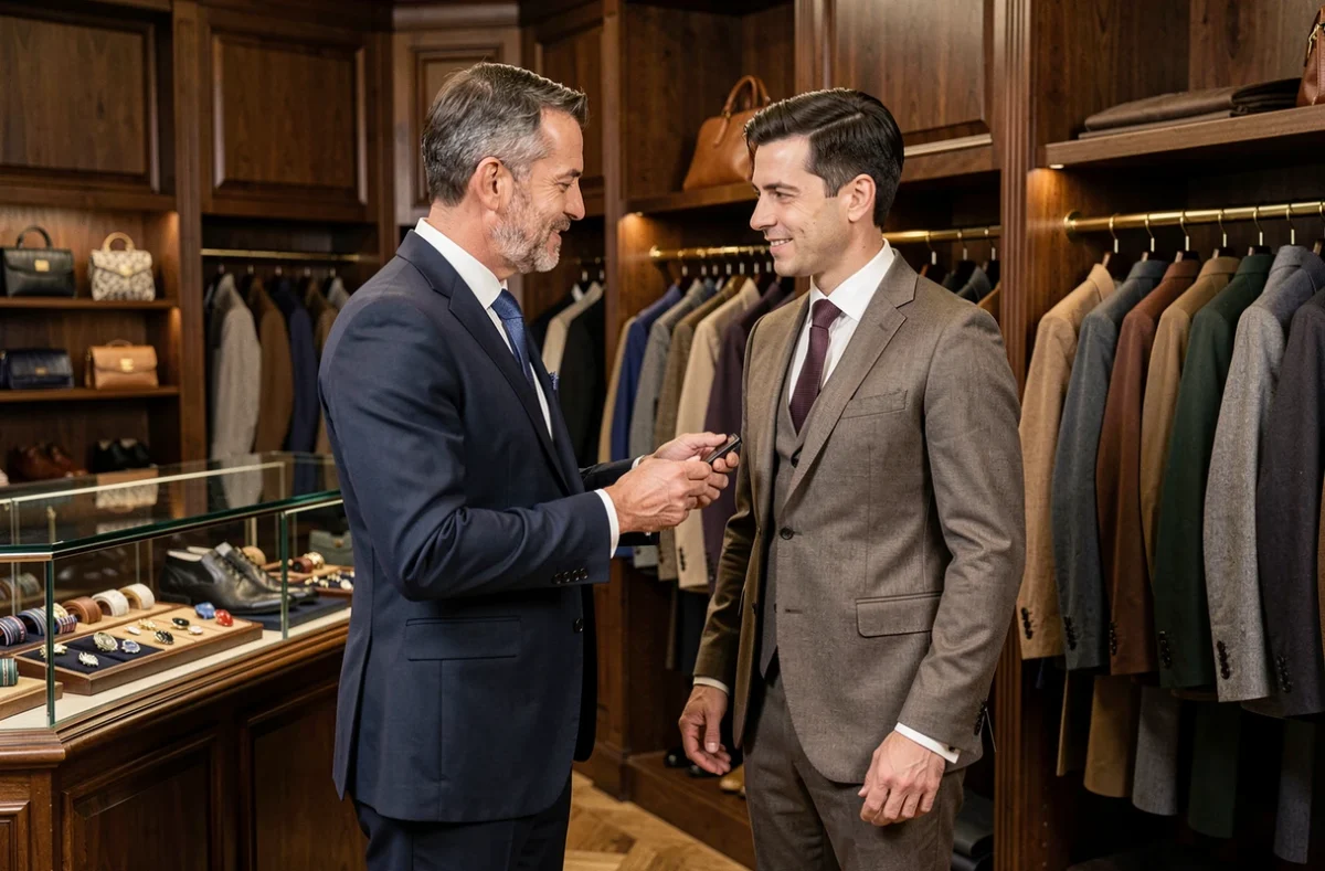Un conseiller de la Boutique Soulery aide un client à choisir un costume classique à Toulouse