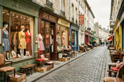 Rue normande avec plusieurs boutiques vintage et brocantes aux vitrines colorées et chargées de trésors rétro