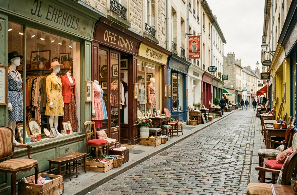 Rue normande avec plusieurs boutiques vintage et brocantes aux vitrines colorées et chargées de trésors rétro