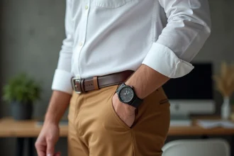 Homme portant un bracelet de force en cuir marron avec une chemise blanche et un chino camel dans un bureau moderne