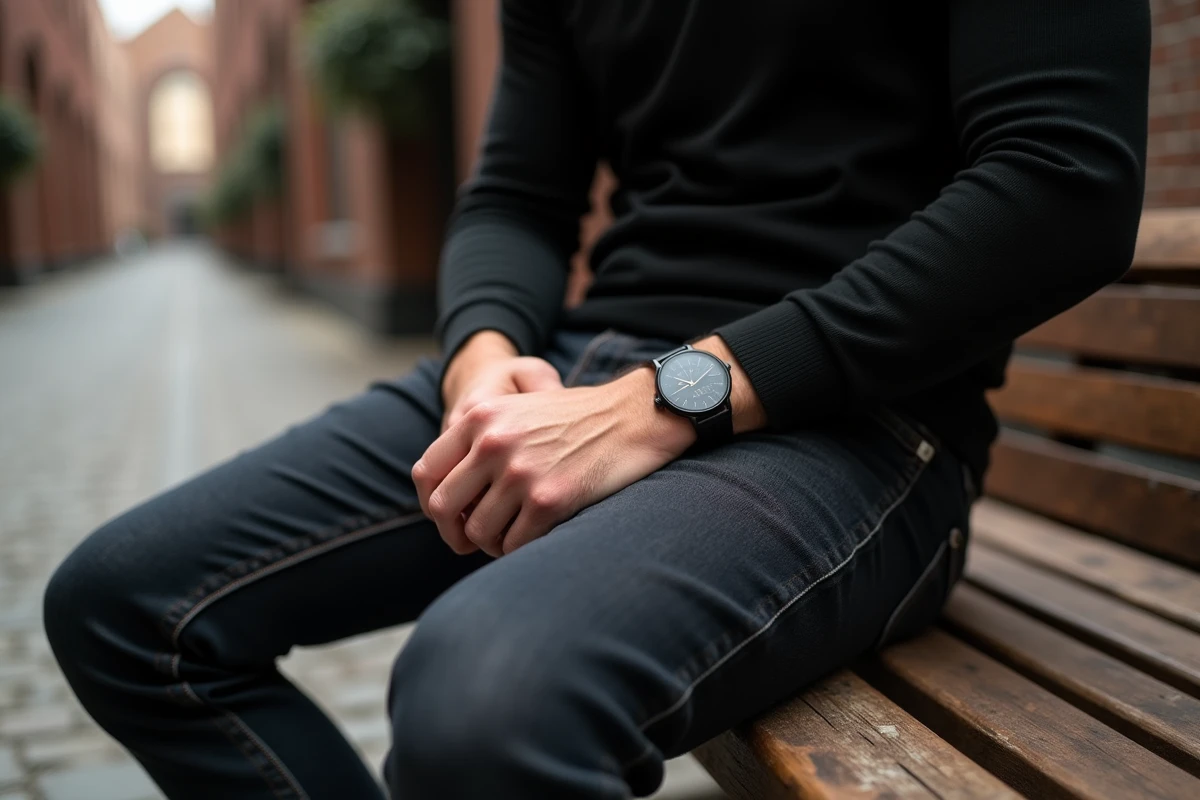 Homme avec bracelet de force en cuir noir porté avec un col roulé noir et un jean indigo dans un cadre urbain