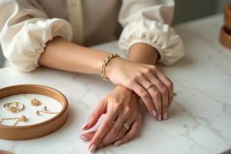 Femme mesurant la taille de son bracelet TRESOR en or sur son poignet dans une boutique de bijoux minimaliste