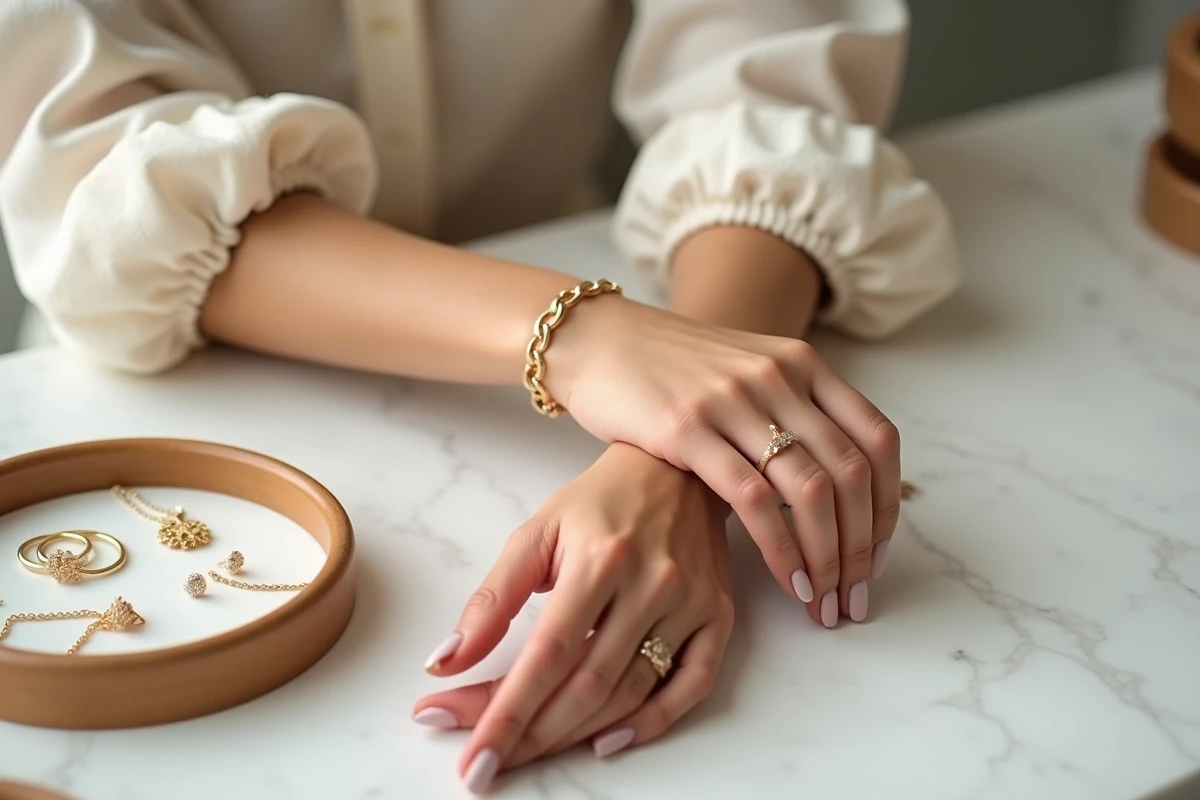 Femme mesurant la taille de son bracelet TRESOR en or sur son poignet dans une boutique de bijoux minimaliste