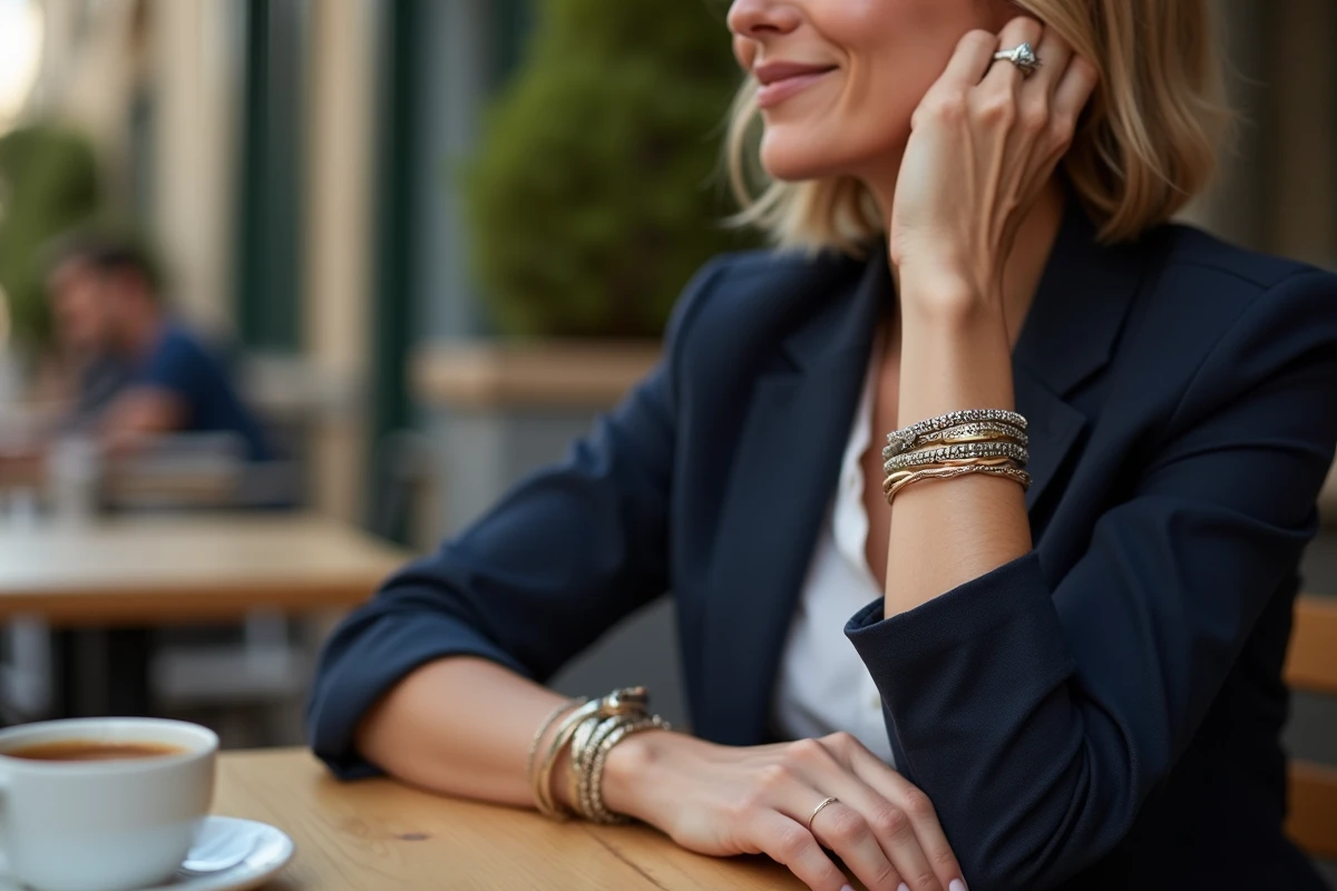 Femme portant des bracelets TRESOR empilés en argent et or sur une terrasse de café parisien