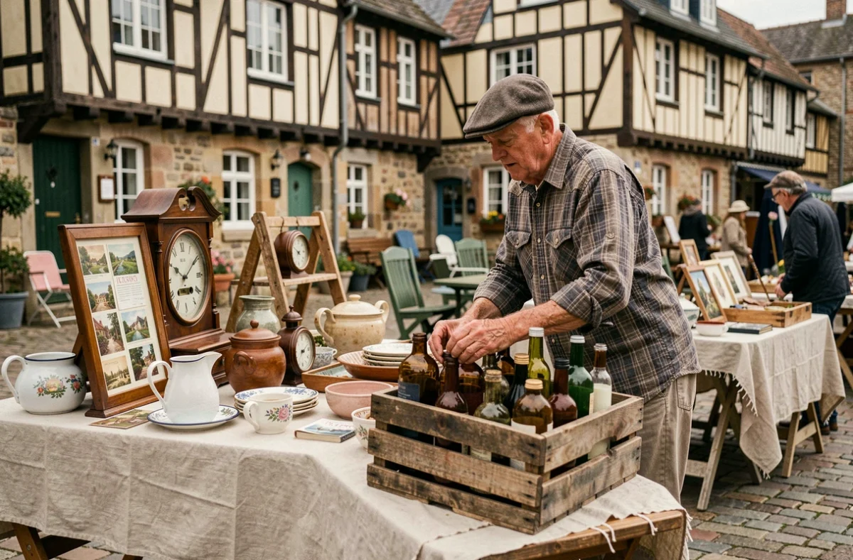 Étal de brocante en plein air à Honfleur avec vaisselle ancienne, horloges et objets vintage, Broc et Tendances