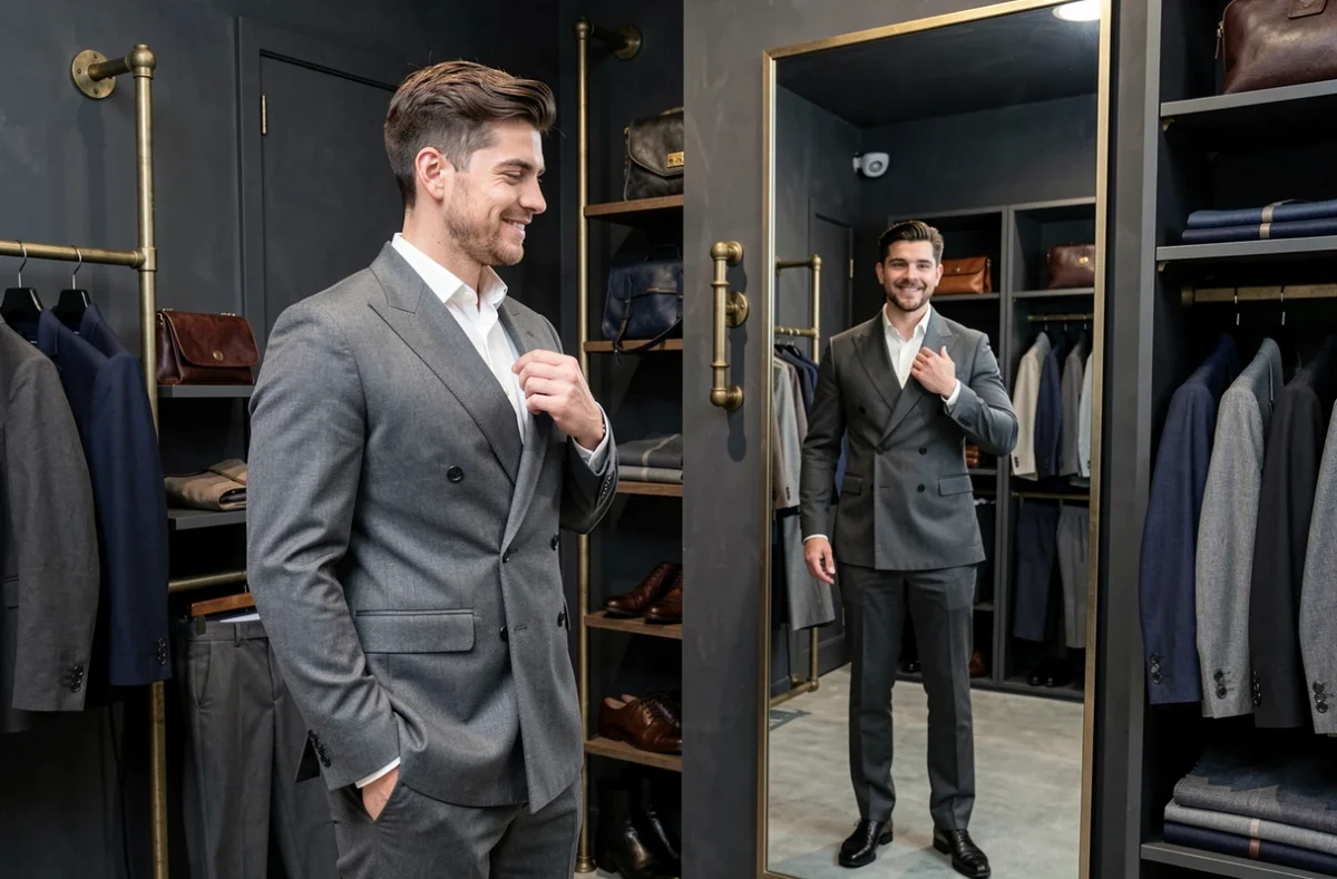 Un homme essaie un costume croisé élégant dans la boutique By Monsieur à Toulouse
