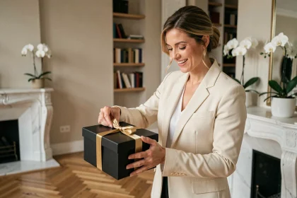 Femme élégante déballant un cadeau de luxe dans un appartement parisien raffiné