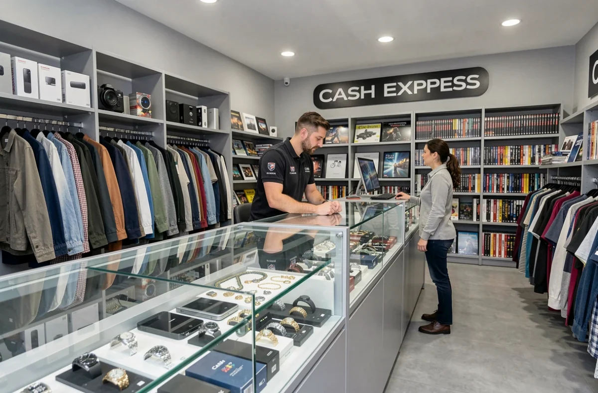 Intérieur du Cash Express Perpignan avec des vitrines d'électronique et des rayons de vêtements de seconde main bien organisés