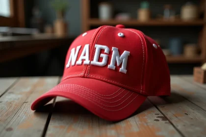 Gros plan sur la broderie et la texture du tissu d'une casquette America Great Again Hat authentique posée sur une table en bois