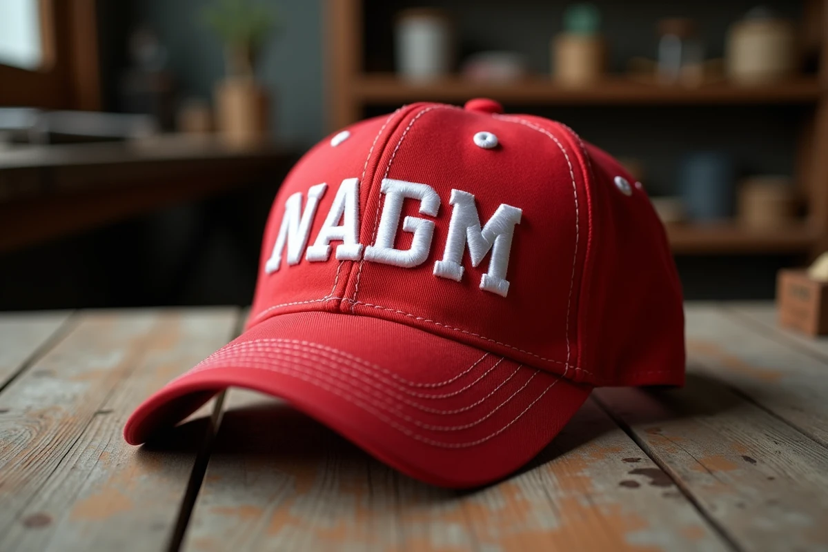 Gros plan sur la broderie et la texture du tissu d'une casquette America Great Again Hat authentique posée sur une table en bois
