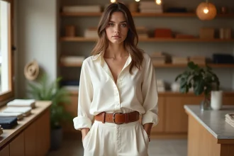 Femme portant une ceinture taille haute en cuir sur un chemisier blanc et un pantalon large, dans une boutique de mode parisienne
