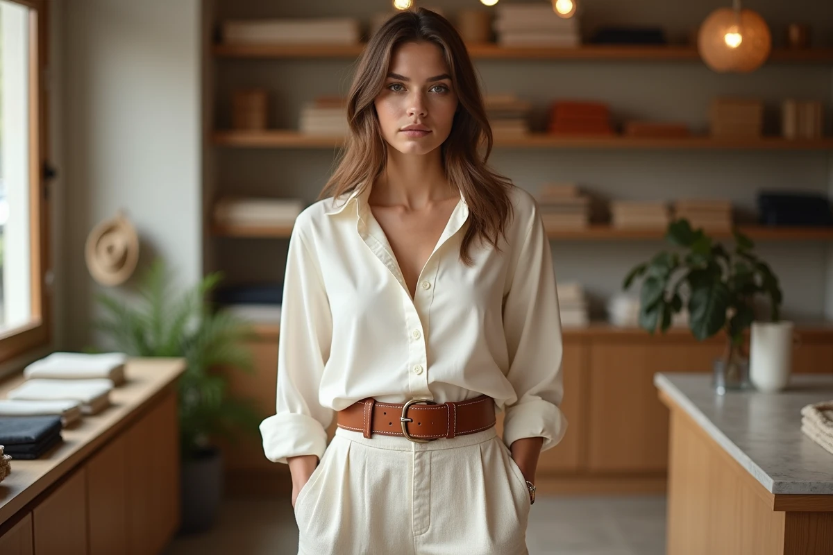 Femme portant une ceinture taille haute en cuir sur un chemisier blanc et un pantalon large, dans une boutique de mode parisienne