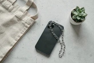 Chaîne pour portable minimaliste en acier inoxydable posée sur une surface en béton avec un smartphone moderne et une plante succulente