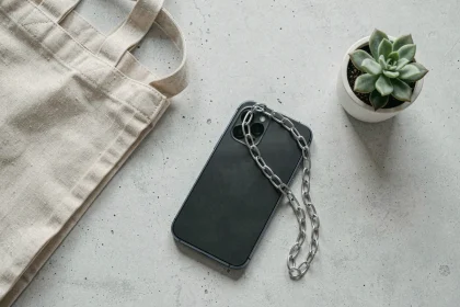 Chaîne pour portable minimaliste en acier inoxydable posée sur une surface en béton avec un smartphone moderne et une plante succulente