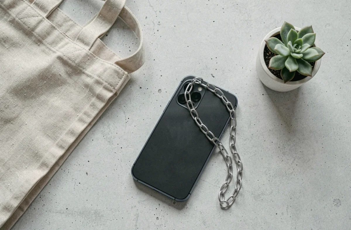 Chaîne pour portable minimaliste en acier inoxydable posée sur une surface en béton avec un smartphone moderne et une plante succulente