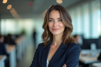 Femme professionnelle portant une chaîne de téléphone discrète autour du cou dans un bureau moderne