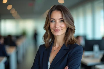 Femme professionnelle portant une chaîne de téléphone discrète autour du cou dans un bureau moderne