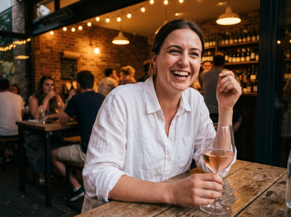 Femme en chemisier blanc décontracté à l'afterwork dans un bar, transition bureau soirée sans se changer