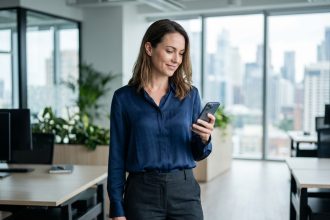 Femme en chemisier bleu marine au bureau, tenue professionnelle élégante et polyvalente pour la journée de travail