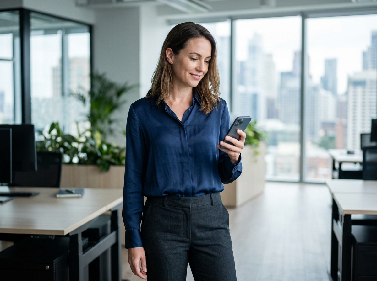 Femme en chemisier bleu marine au bureau, tenue professionnelle élégante et polyvalente pour la journée de travail