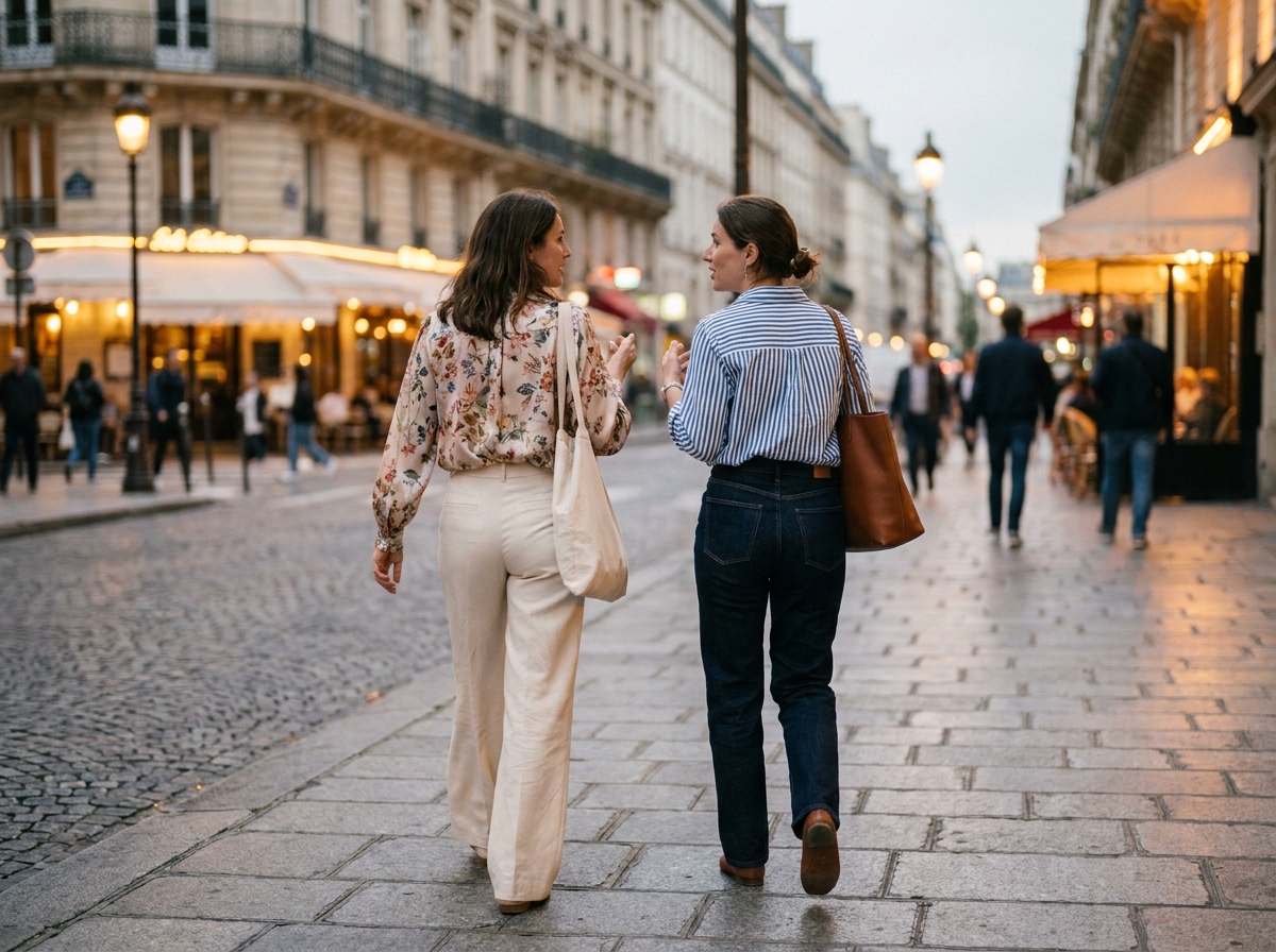 Deux femmes en chemisier élégant marchant dans une rue parisienne, style bureau à soirée chic et décontracté