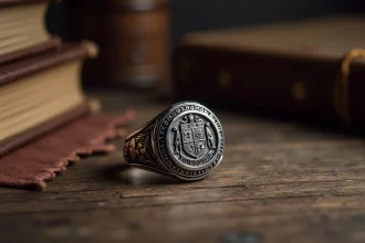 Chevalière en argent massif pour homme posée sur une table en chêne ancien avec gravure héraldique gothique
