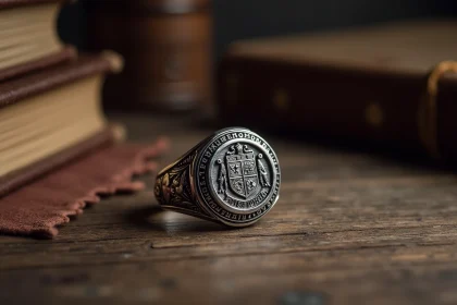 Chevalière en argent massif pour homme posée sur une table en chêne ancien avec gravure héraldique gothique