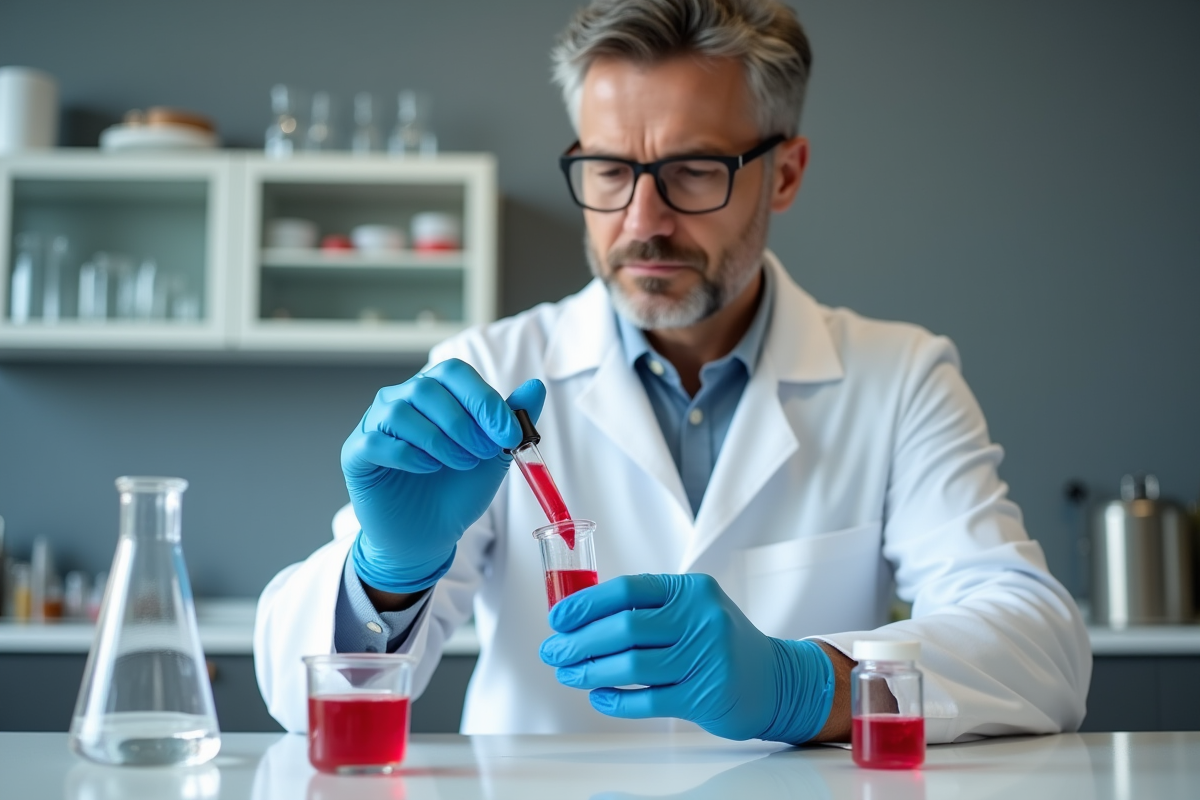 Chimiste mesurant un pigment rouge dans un laboratoire