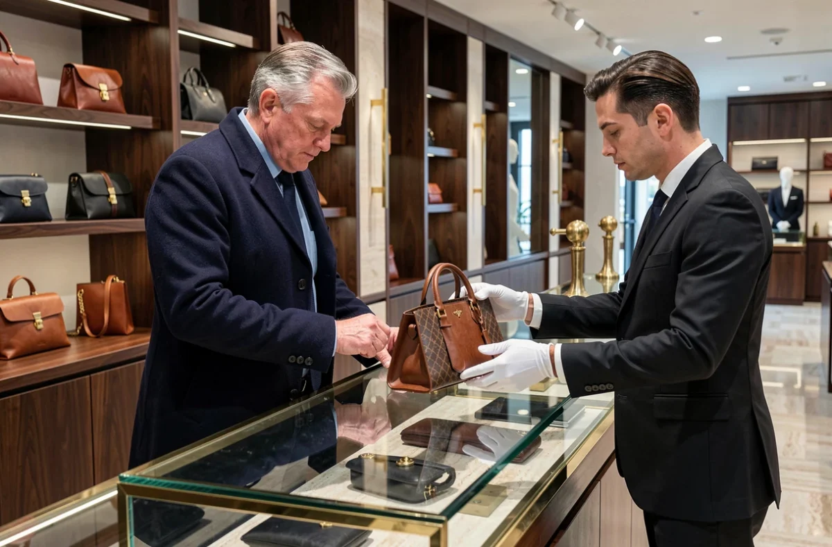 Homme en manteau marine choisissant un sac de luxe dans une boutique haut de gamme