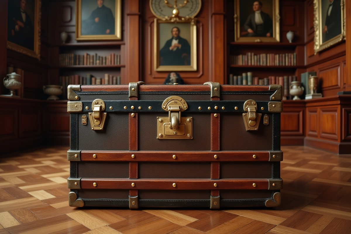 Coffre ancien en cuir dans une bibliothèque classique