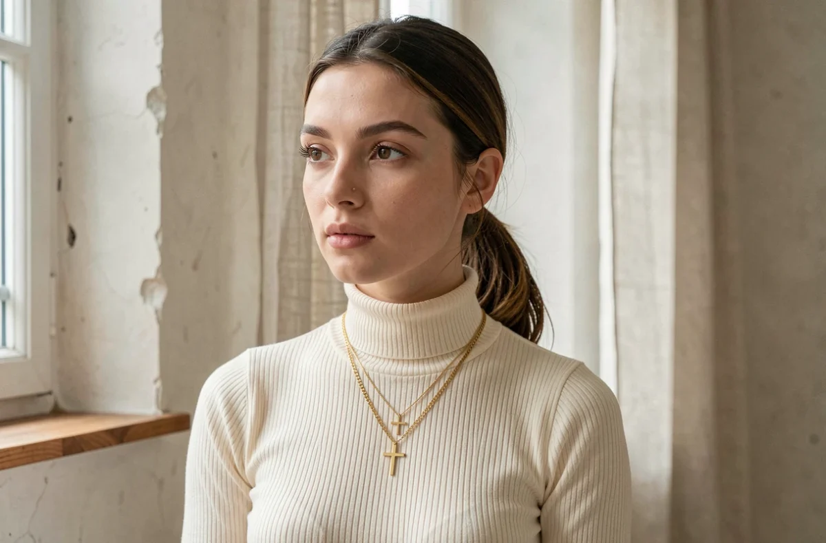 Femme portant deux colliers croix en or superposés sur col roulé crème, tendance layering bijoux 2026