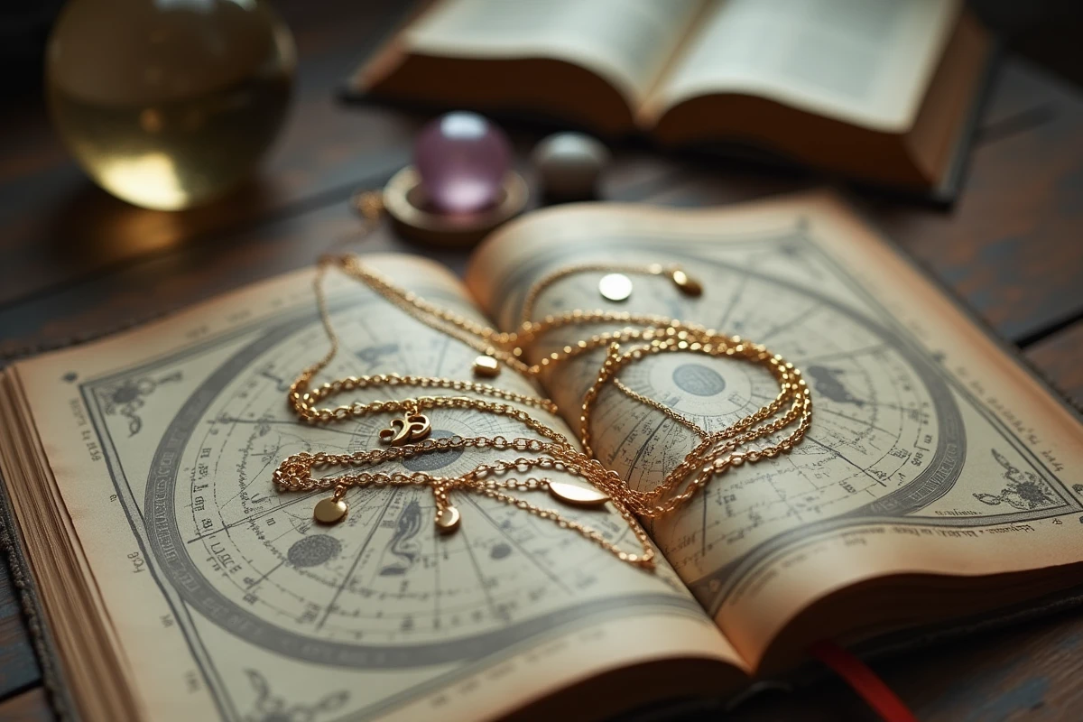 Colliers emmêlés posés sur une carte astrale vintage avec pendentif lune et charmes du zodiaque