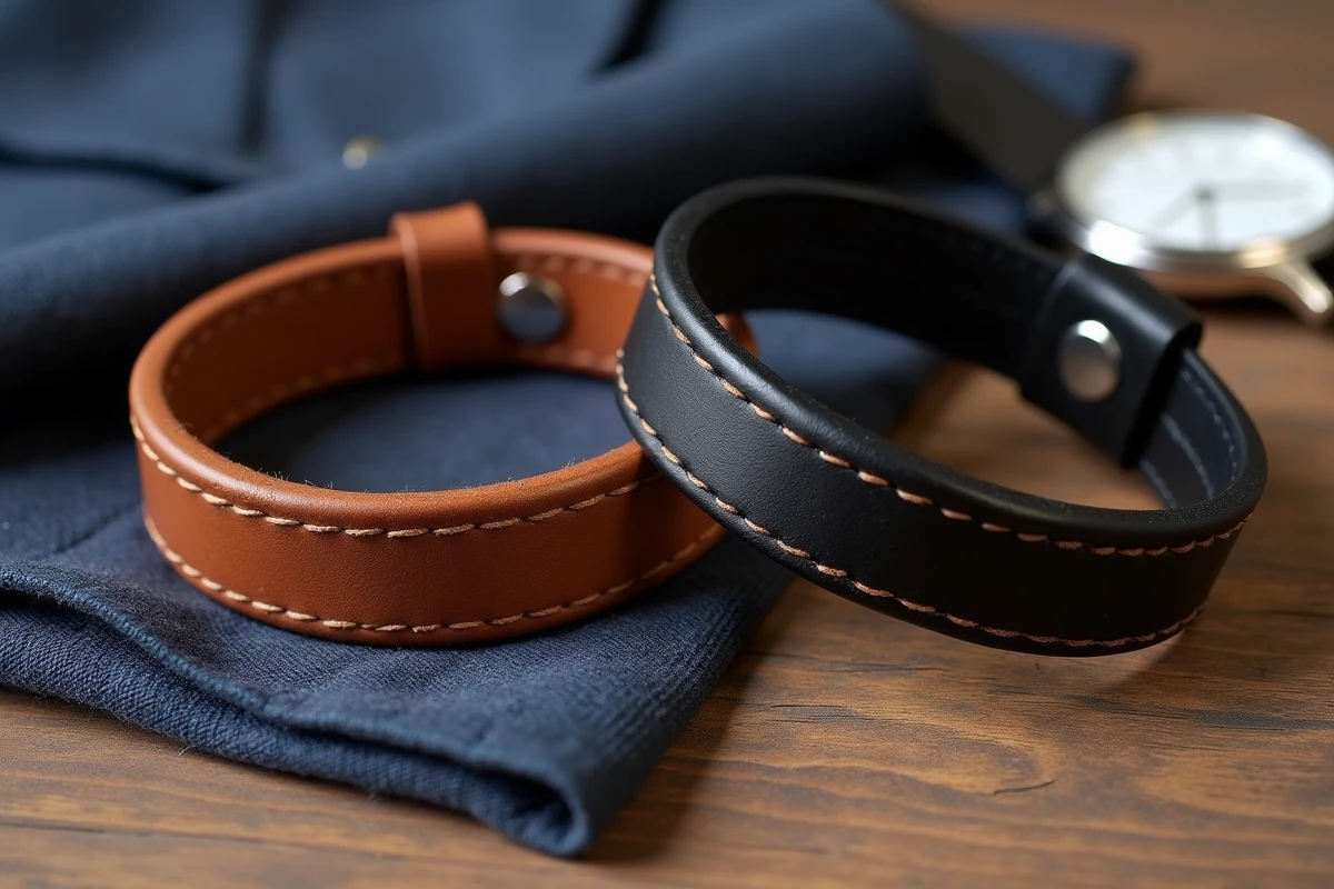 Comparaison côte à côte d'un bracelet de force en cuir marron et d'un bracelet en cuir noir sur une surface en bois rustique