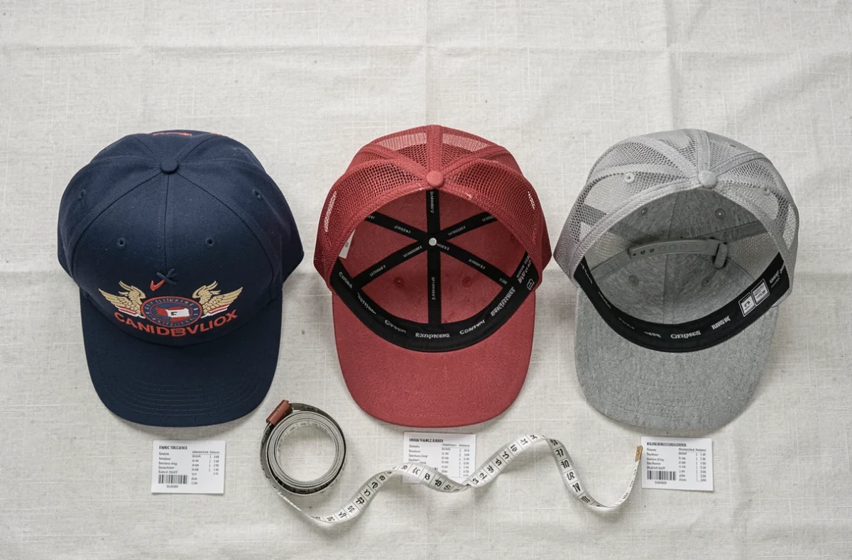 Vue de dessus de trois casquettes snapback et trucker avec mètre ruban et étiquettes de tailles sur tissu lin blanc
