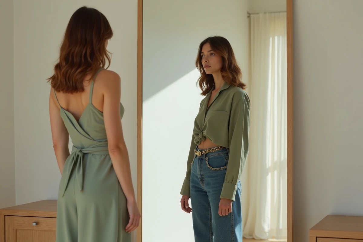 Deux femmes comparant une ceinture taille haute et une ceinture taille basse devant un miroir dans un dressing moderne et minimaliste