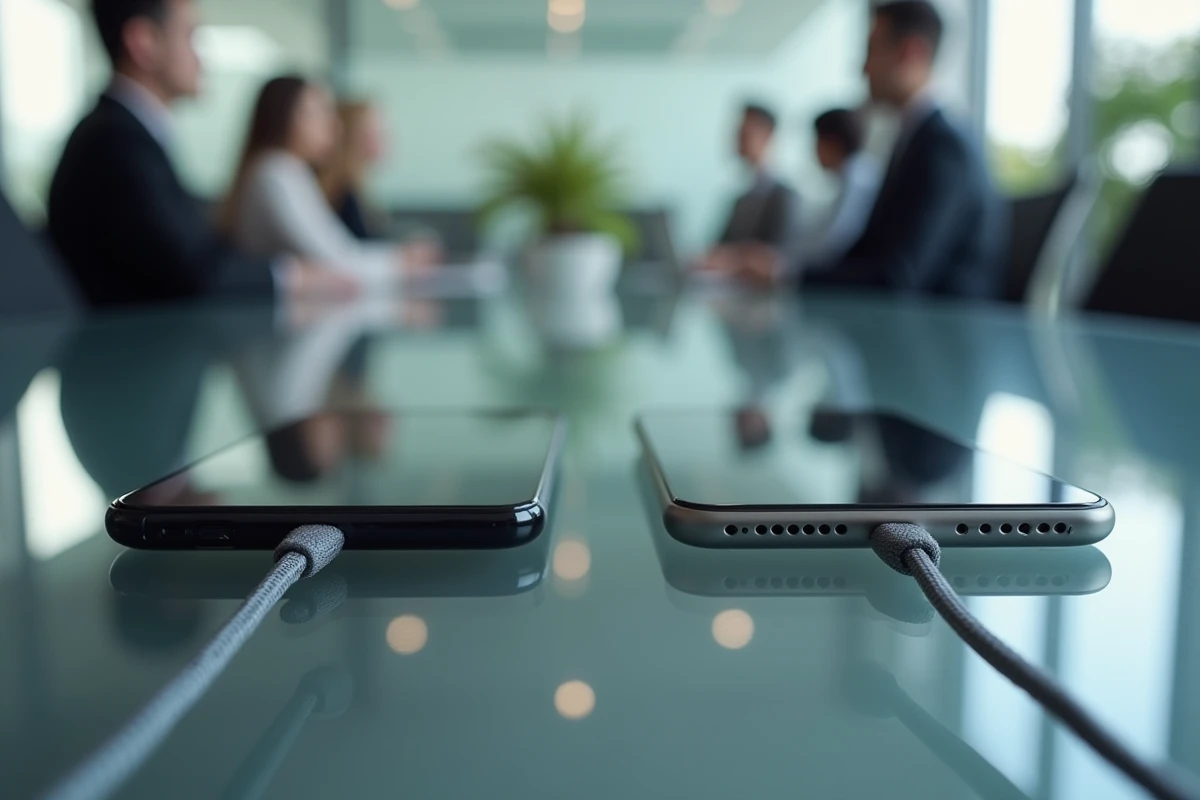 Comparaison de deux chaînes de téléphone discrètes posées sur un bureau en verre en entreprise