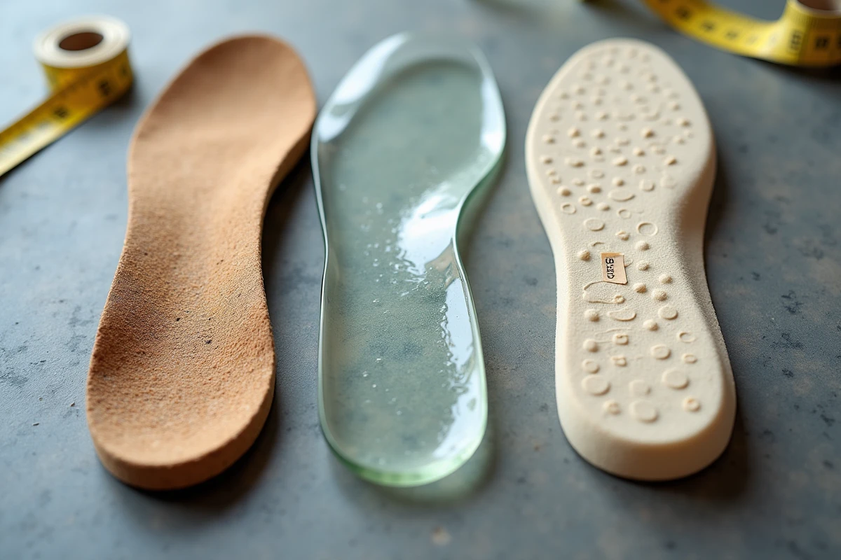 Comparaison de trois matières de semelles intérieures : liège, gel silicone et mousse EVA pour chaussure trop grande