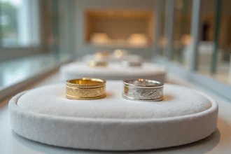 Comparaison côte à côte d'une bague en or jaune et d'une bague en or blanc posées sur un plateau de joaillier en velours gris